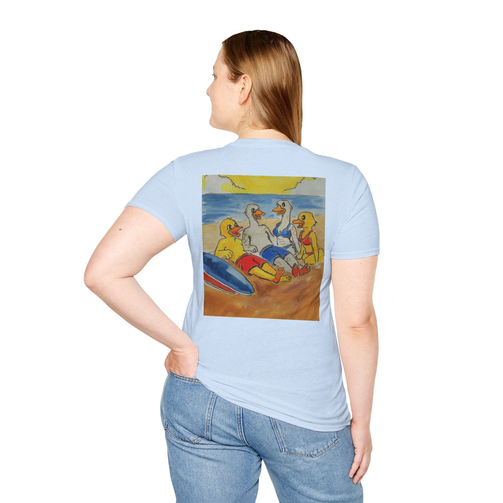 “Beach Day – Robert & Crew” Premium Tee T-Shirt hand painted duck art card, collectible mini art, travel souvenir, cruise gift idea - The Duck & Compass Society