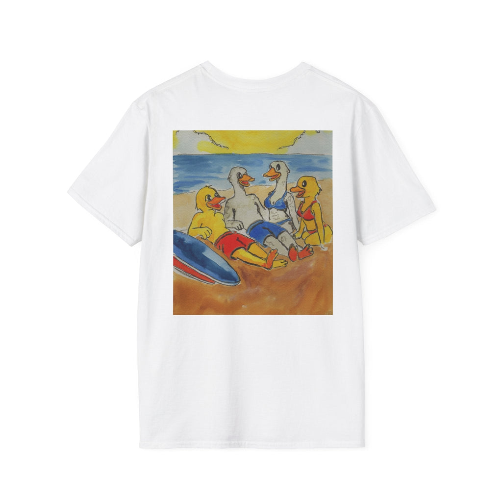 “Beach Day – Robert & Crew” Premium Tee T-Shirt hand painted duck art card, collectible mini art, travel souvenir, cruise gift idea - The Duck & Compass Society