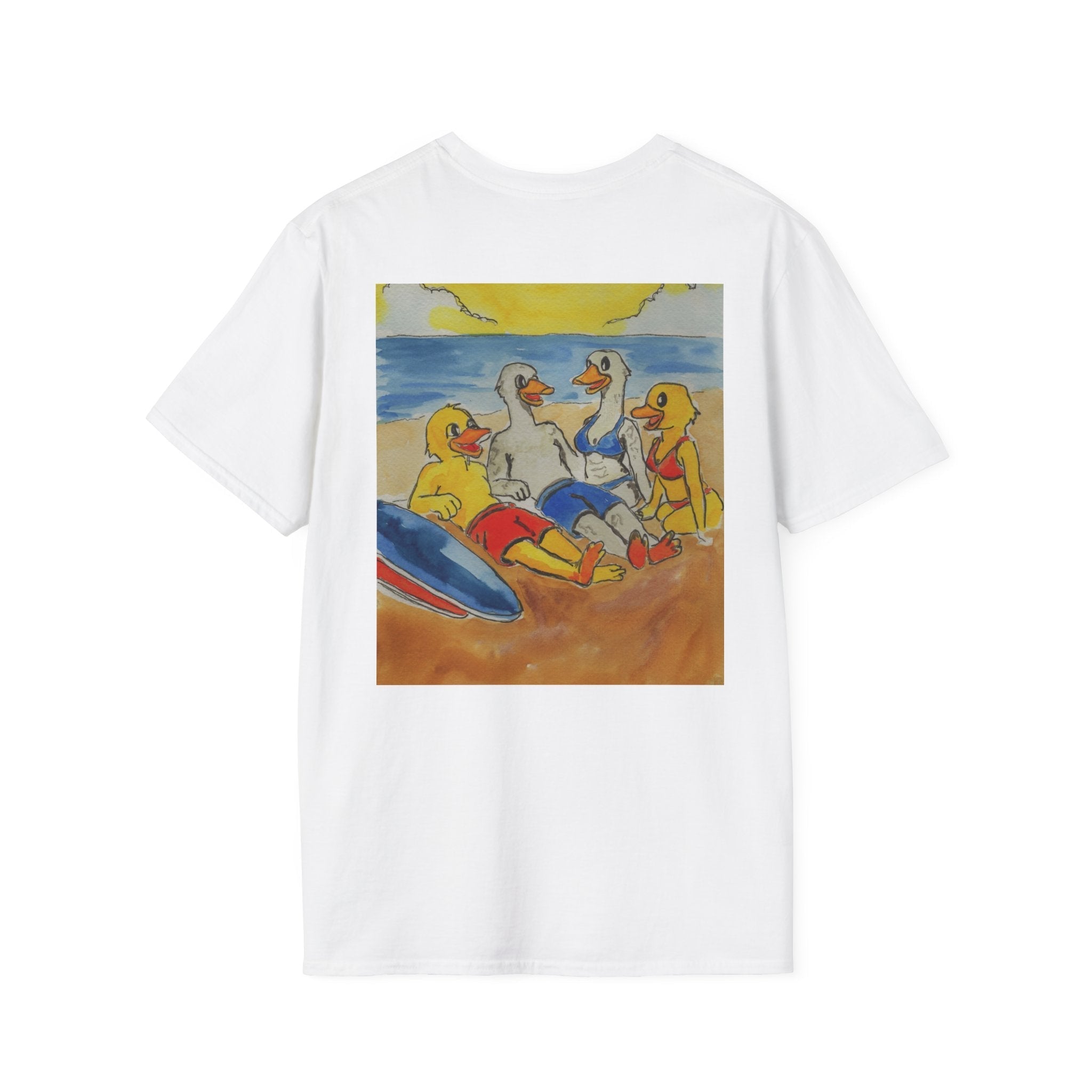 “Beach Day – Robert & Crew” Premium Tee T-Shirt hand painted duck art card, collectible mini art, travel souvenir, cruise gift idea - The Duck & Compass Society