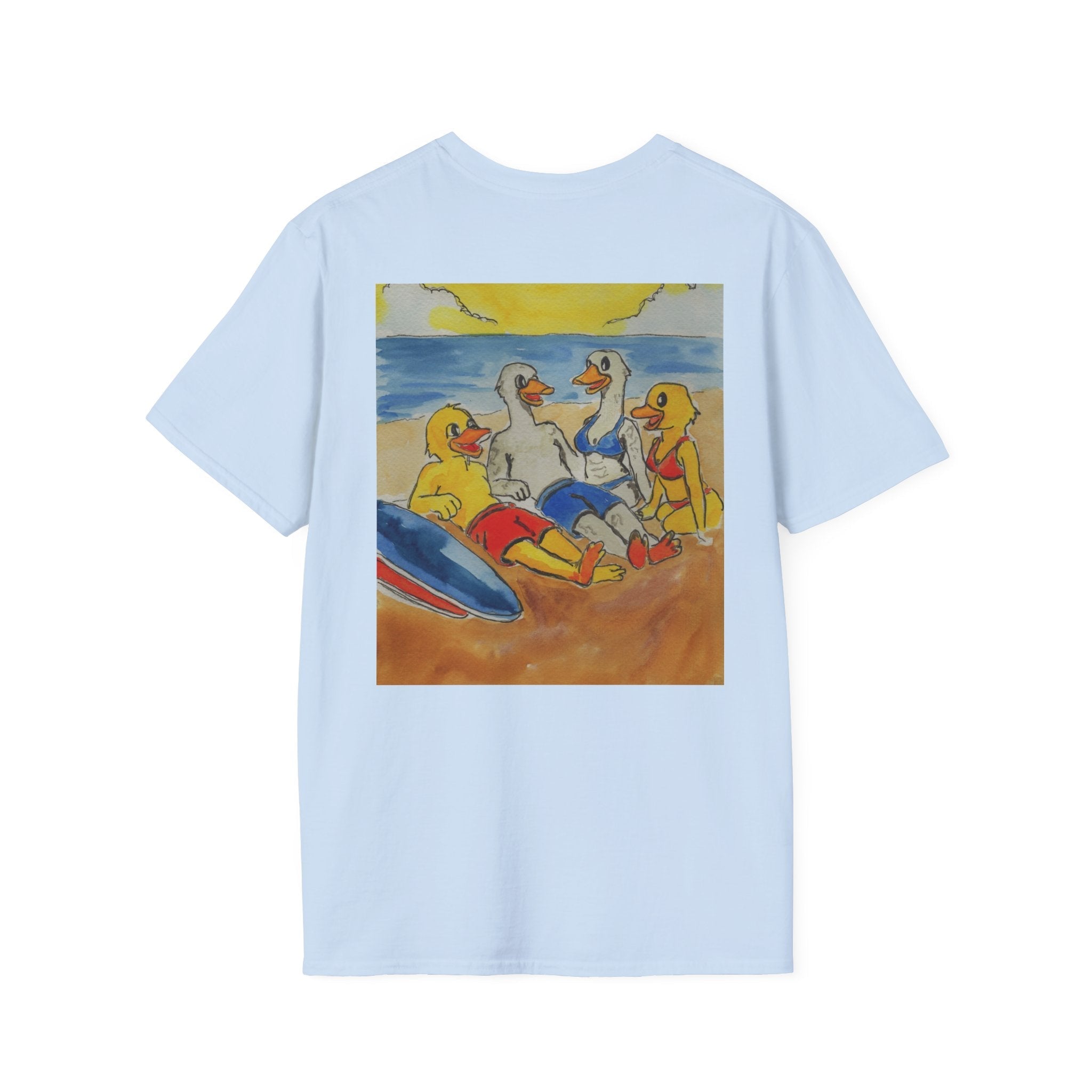 “Beach Day – Robert & Crew” Premium Tee T-Shirt hand painted duck art card, collectible mini art, travel souvenir, cruise gift idea - The Duck & Compass Society