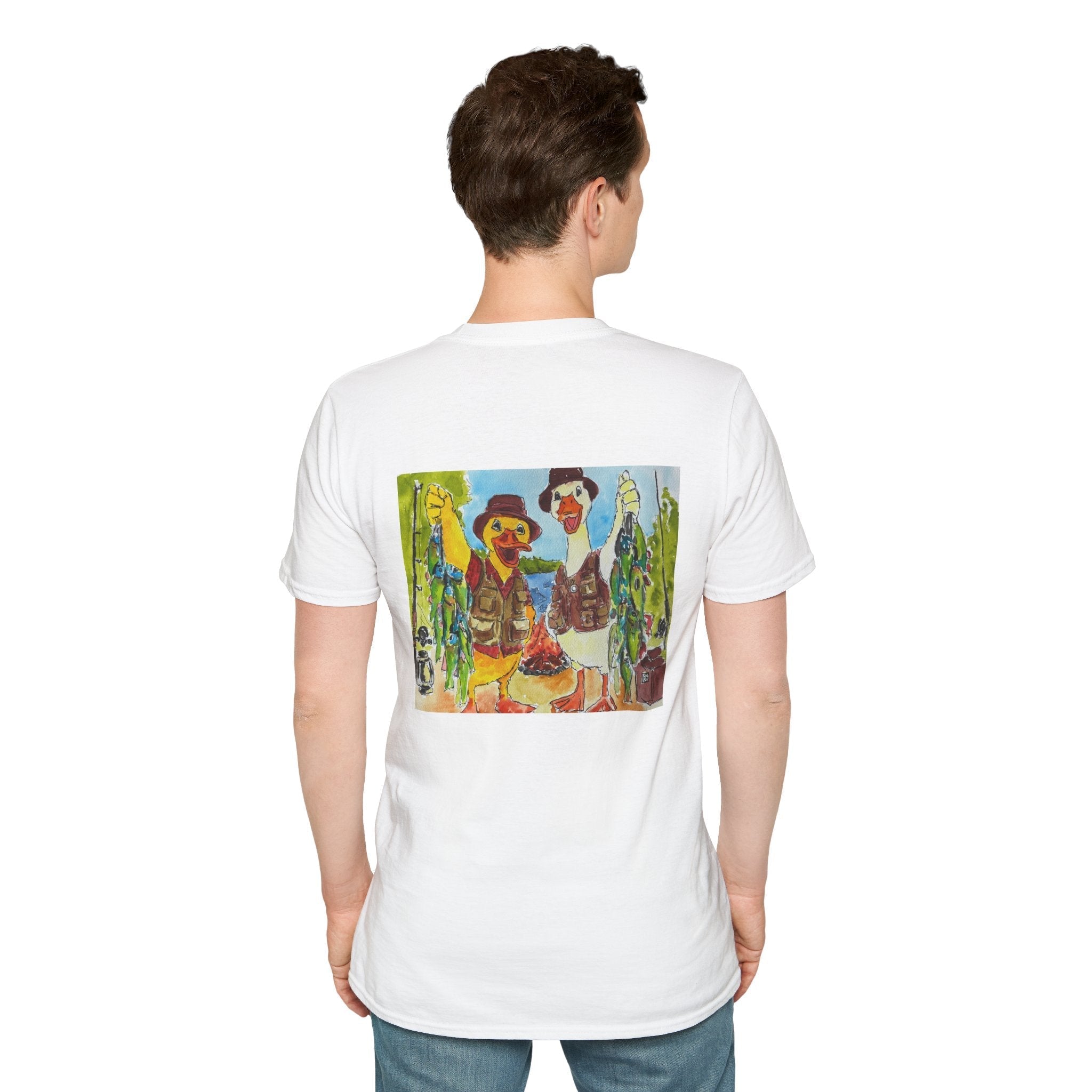 The Catch – Robert & Mike - Premium Tee T-Shirt hand painted duck art card, collectible mini art, travel souvenir, cruise gift idea - The Duck & Compass Society