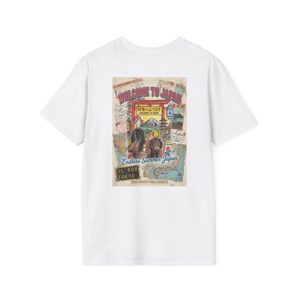 Welcome to Japan – Endless Summer Japan Travel Poster T-Shirt | Official Bruce Brown Films Tee T-Shirt hand painted duck art card, collectible mini art, travel souvenir, cruise gift idea - The Duck & Compass Society